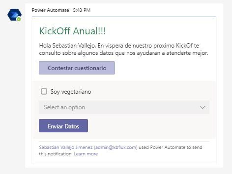 Power Automate Tarjeta Adaptable Teams 3